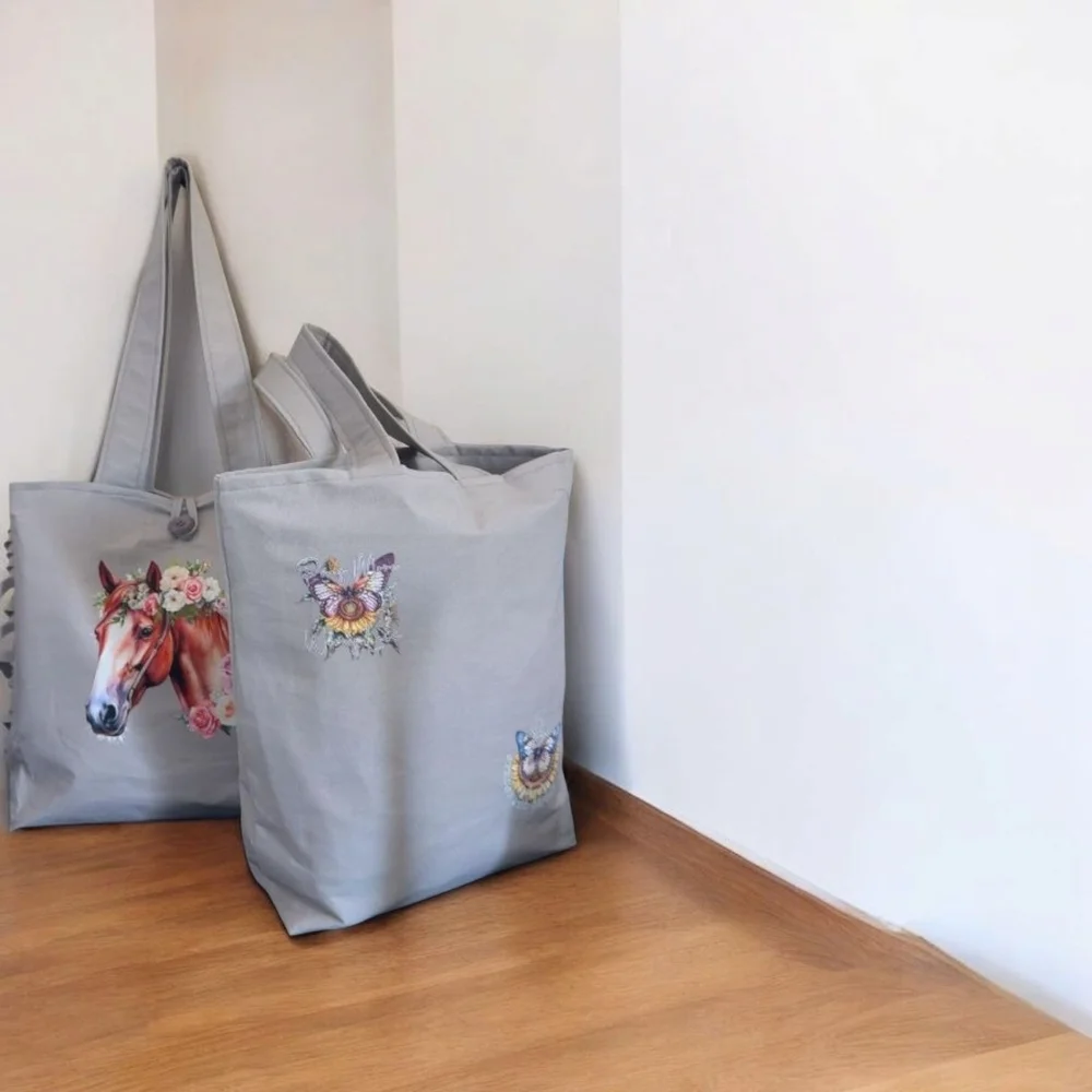 Spacious Gray Canvas Tote Bag with Artistic Design